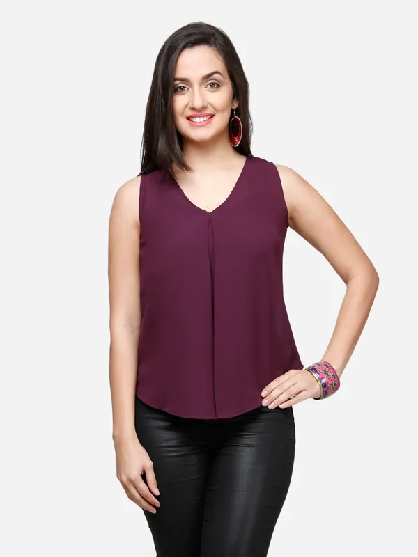 Purple_Plain_Basic_Flowy_V-Neck_Pleated_Sleeveless_Summer_Basic_Tank_Top