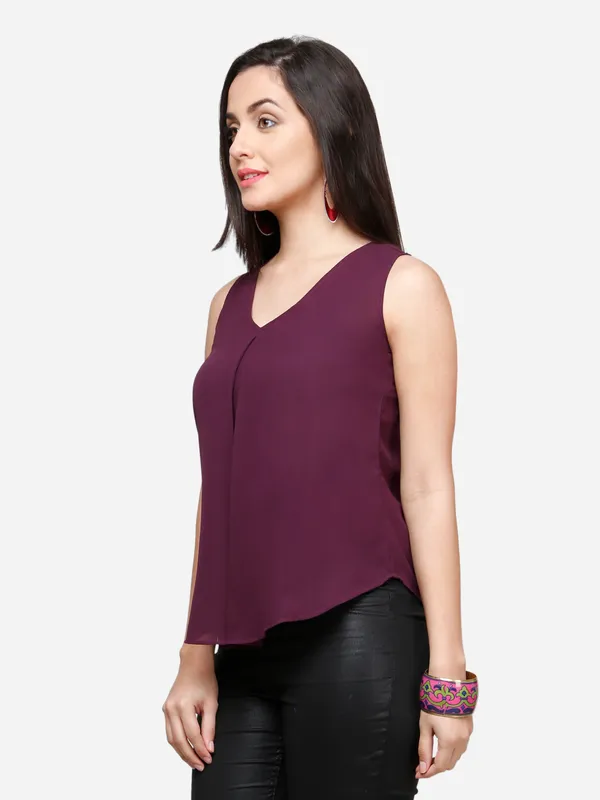 Purple_Plain_Basic_Flowy_V-Neck_Pleated_Sleeveless_Summer_Basic_Tank_Top