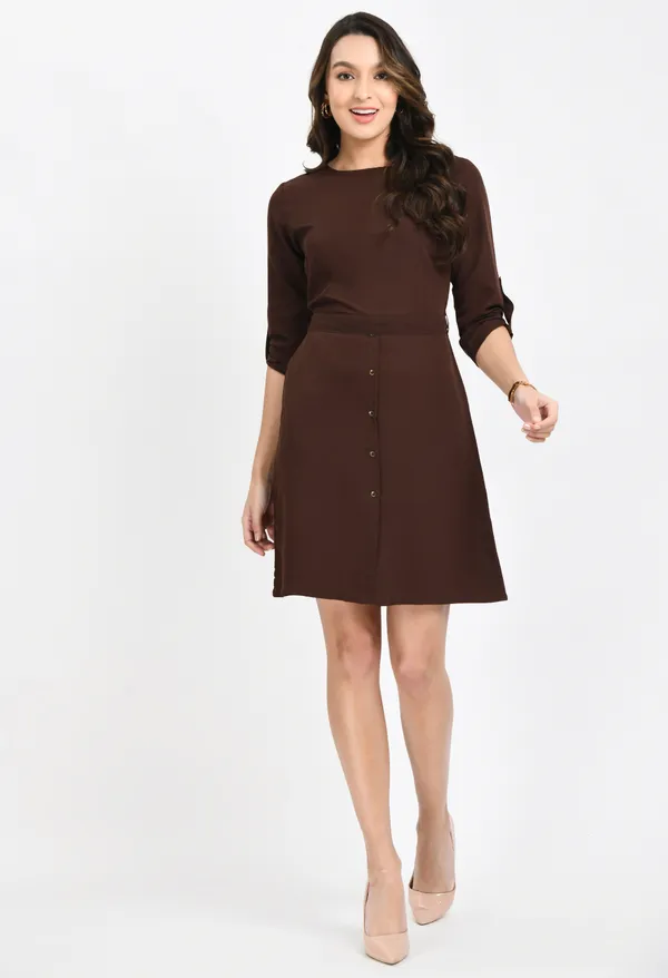 Brown_3/4_Sleeves_Solid_Shift_Dress_For_Women