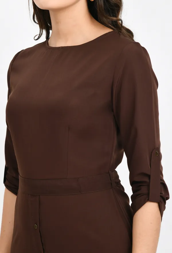 Brown_3/4_Sleeves_Solid_Shift_Dress_For_Women