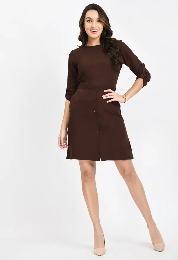 Brown_3/4_Sleeves_Solid_Shift_Dress_For_Women
