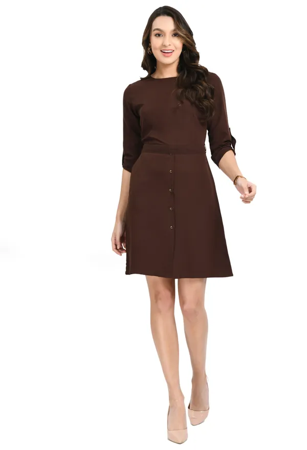 Brown_3/4_Sleeves_Solid_Shift_Dress_For_Women