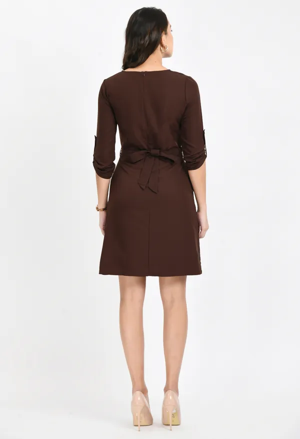 Brown_3/4_Sleeves_Solid_Shift_Dress_For_Women