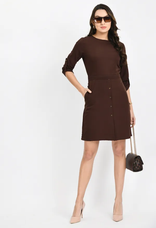 Brown_3/4_Sleeves_Solid_Shift_Dress_For_Women
