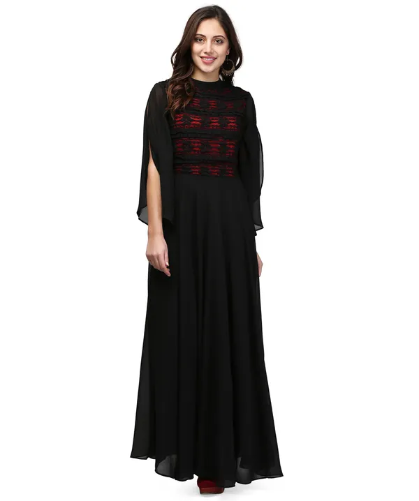 Black-Red_Contrast_Lace_Petal_Sleeves_Flared_Long_Indo_Western_Gown_Dress