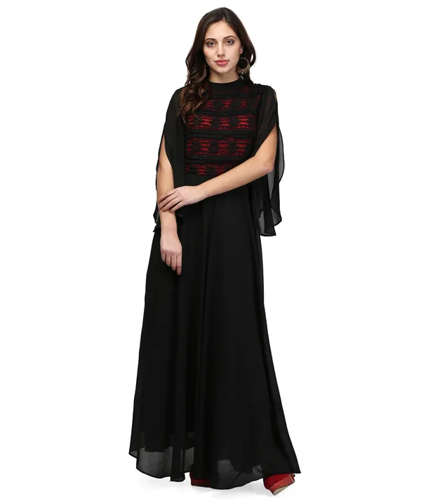 Black-Red_Contrast_Lace_Petal_Sleeves_Flared_Long_Indo_Western_Gown_Dress