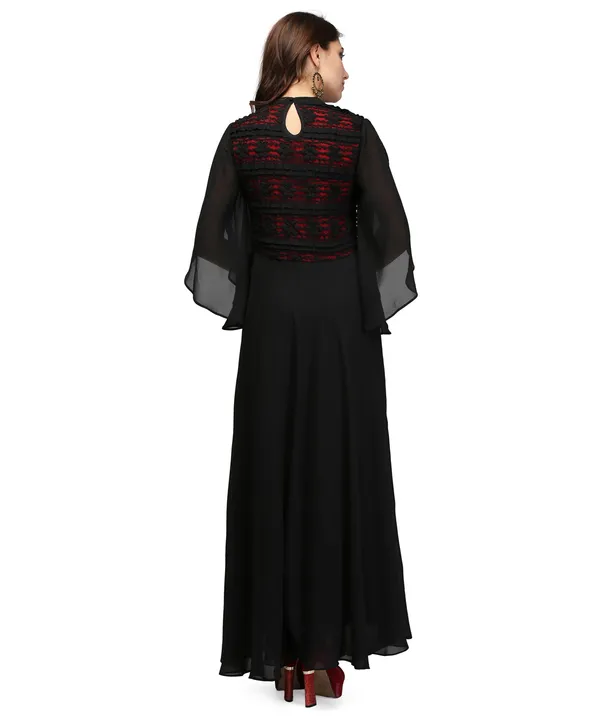 Black-Red_Contrast_Lace_Petal_Sleeves_Flared_Long_Indo_Western_Gown_Dress