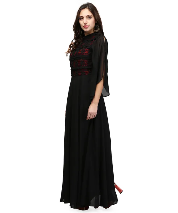 Black-Red_Contrast_Lace_Petal_Sleeves_Flared_Long_Indo_Western_Gown_Dress