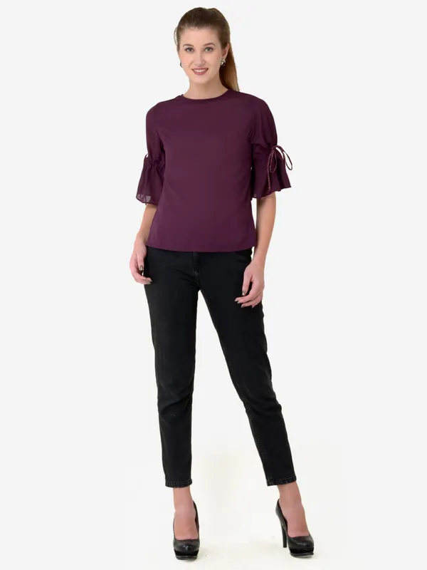 Purple_Solid_3/4_Designer_Tie_Up_Sleeves_Regular_Casual_Top_For_Women