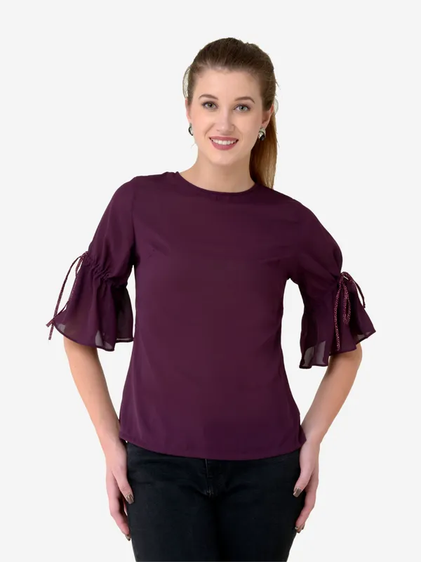 Purple_Solid_3/4_Designer_Tie_Up_Sleeves_Regular_Casual_Top_For_Women