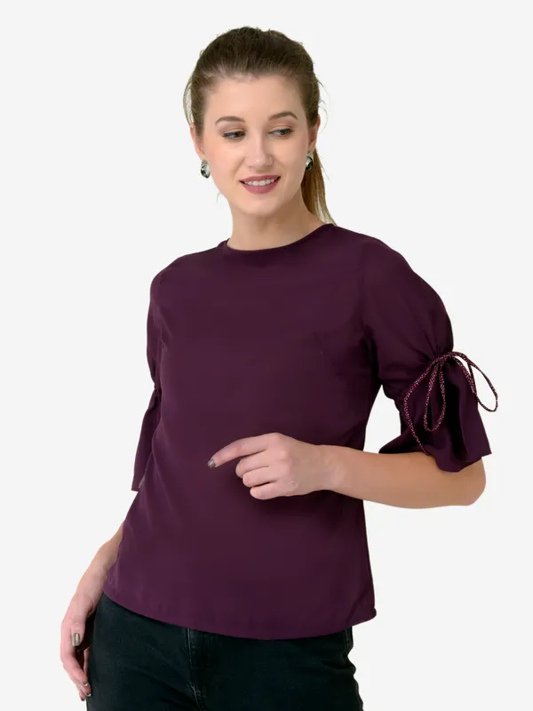 Purple_Solid_3/4_Designer_Tie_Up_Sleeves_Regular_Casual_Top_For_Women