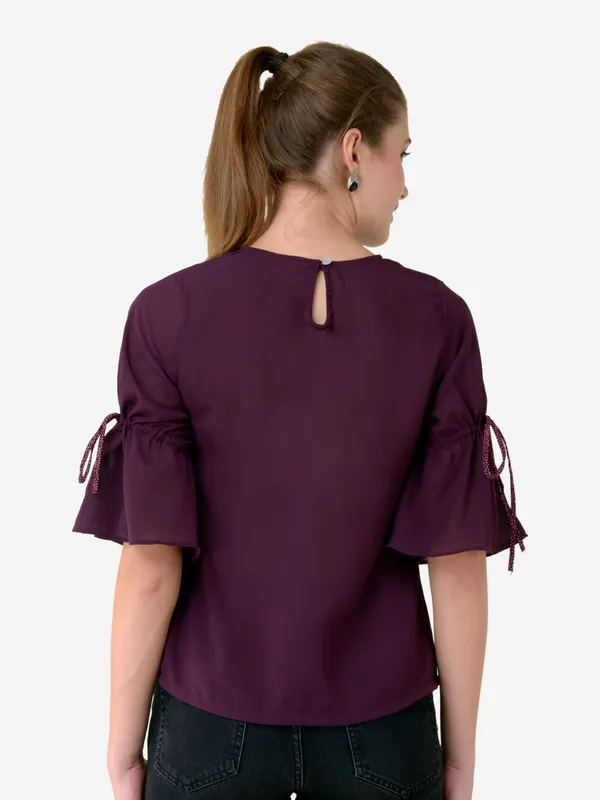 Purple_Solid_3/4_Designer_Tie_Up_Sleeves_Regular_Casual_Top_For_Women