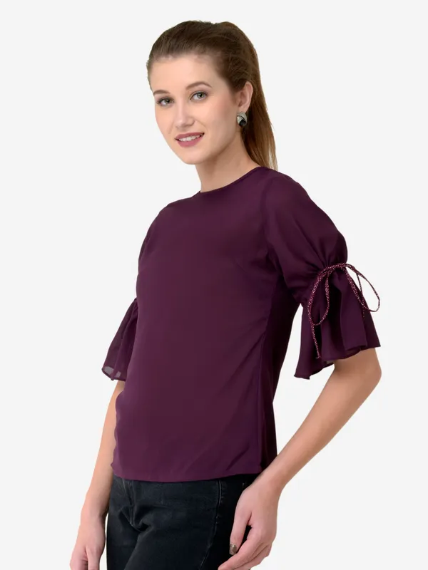 Purple_Solid_3/4_Designer_Tie_Up_Sleeves_Regular_Casual_Top_For_Women