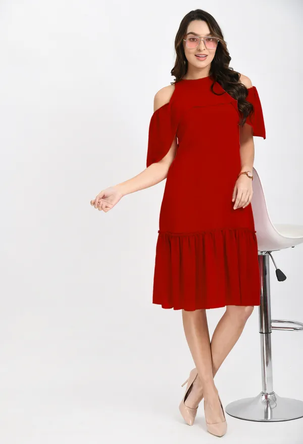 V&M_Red_color_Frill_Midi_Dress_For_Women