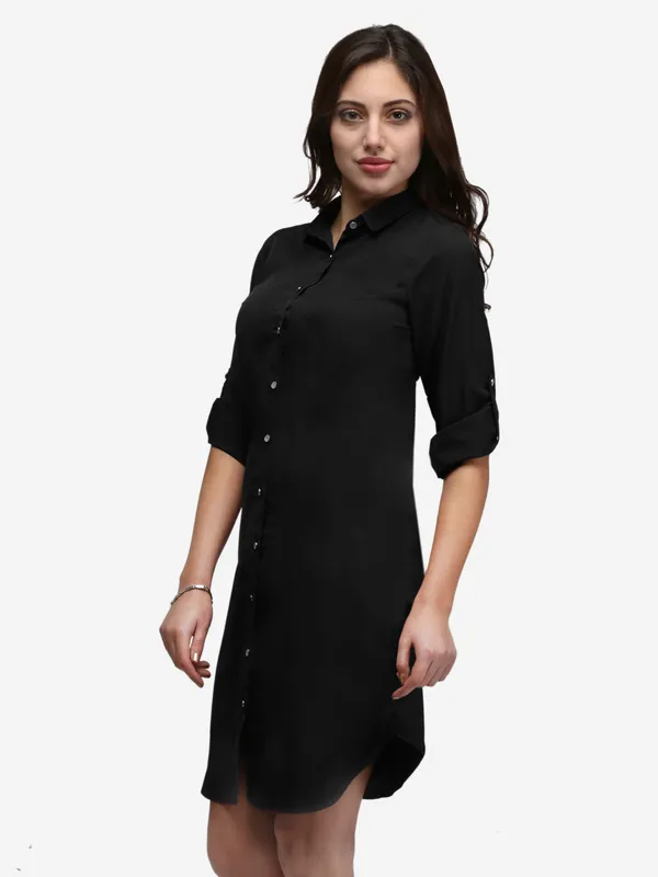 Black_Crepe_Button_Up_Roll_Up_Sleeves_Summer_Shirt_Dress