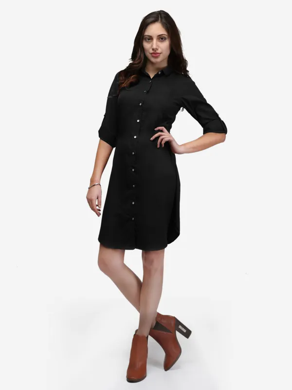 Black_Crepe_Button_Up_Roll_Up_Sleeves_Summer_Shirt_Dress