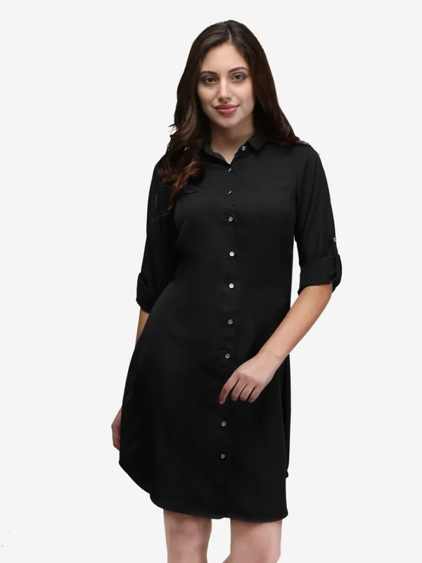 Black_Crepe_Button_Up_Roll_Up_Sleeves_Summer_Shirt_Dress