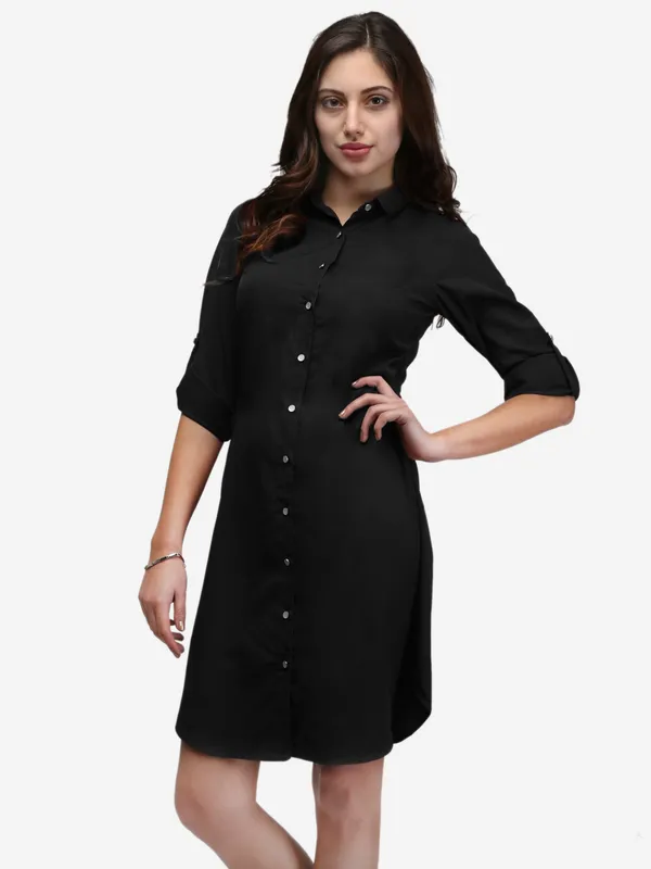 Black_Crepe_Button_Up_Roll_Up_Sleeves_Summer_Shirt_Dress
