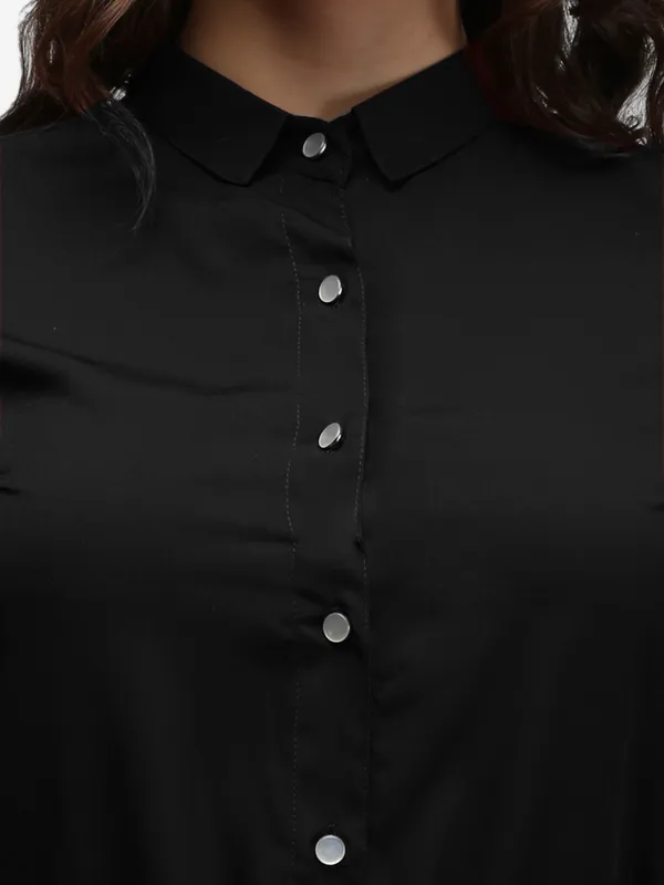 Black_Crepe_Button_Up_Roll_Up_Sleeves_Summer_Shirt_Dress