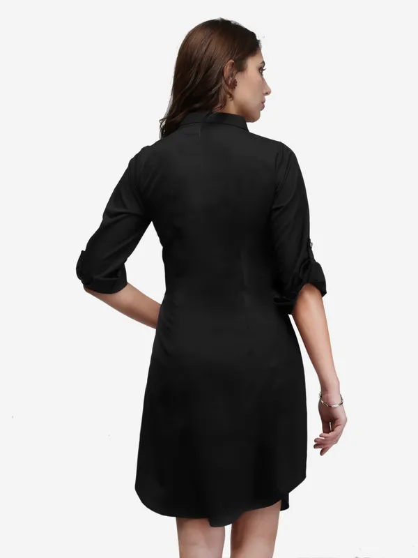 Black_Crepe_Button_Up_Roll_Up_Sleeves_Summer_Shirt_Dress