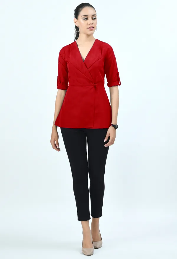 Red_Roll-Up_Sleeves_Crepe_Wrap_Top_For_Women