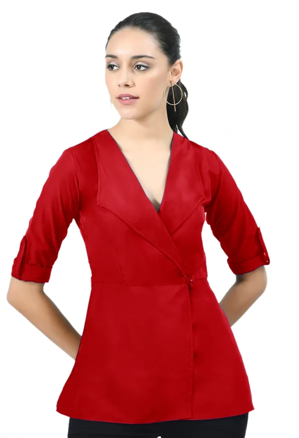 Red_Roll-Up_Sleeves_Crepe_Wrap_Top_For_Women