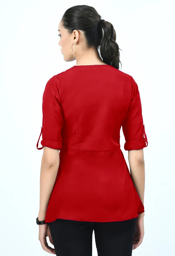Red_Roll-Up_Sleeves_Crepe_Wrap_Top_For_Women