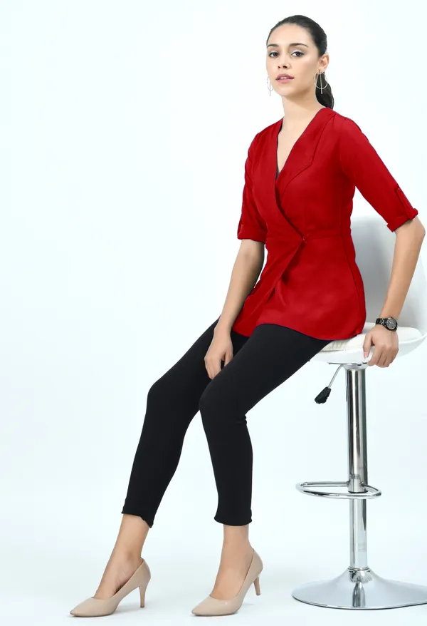 Red_Roll-Up_Sleeves_Crepe_Wrap_Top_For_Women