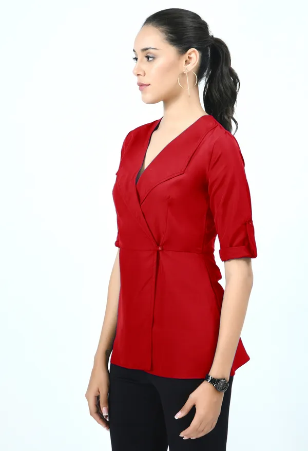 Red_Roll-Up_Sleeves_Crepe_Wrap_Top_For_Women