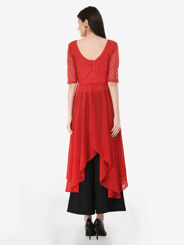 Red_&_Black_Lace_Georgette_High_Low_Kurti_Having_3/4_Lace_Sleeves_With_Black_Rayon_Palazzo_For_Women