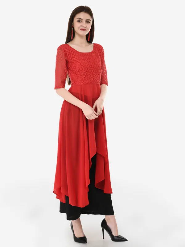 Red_&_Black_Lace_Georgette_High_Low_Kurti_Having_3/4_Lace_Sleeves_With_Black_Rayon_Palazzo_For_Women