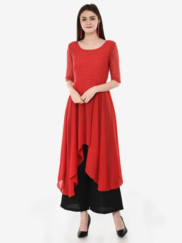 Red_&_Black_Lace_Georgette_High_Low_Kurti_Having_3/4_Lace_Sleeves_With_Black_Rayon_Palazzo_For_Women