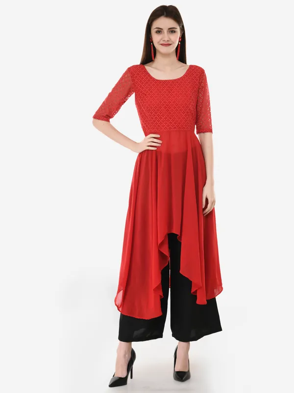 Red_&_Black_Lace_Georgette_High_Low_Kurti_Having_3/4_Lace_Sleeves_With_Black_Rayon_Palazzo_For_Women