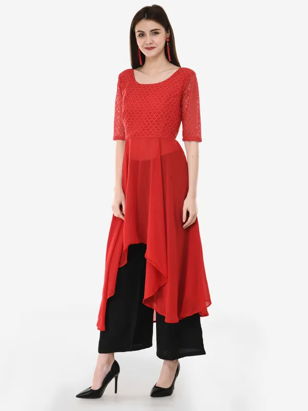 Red_&_Black_Lace_Georgette_High_Low_Kurti_Having_3/4_Lace_Sleeves_With_Black_Rayon_Palazzo_For_Women