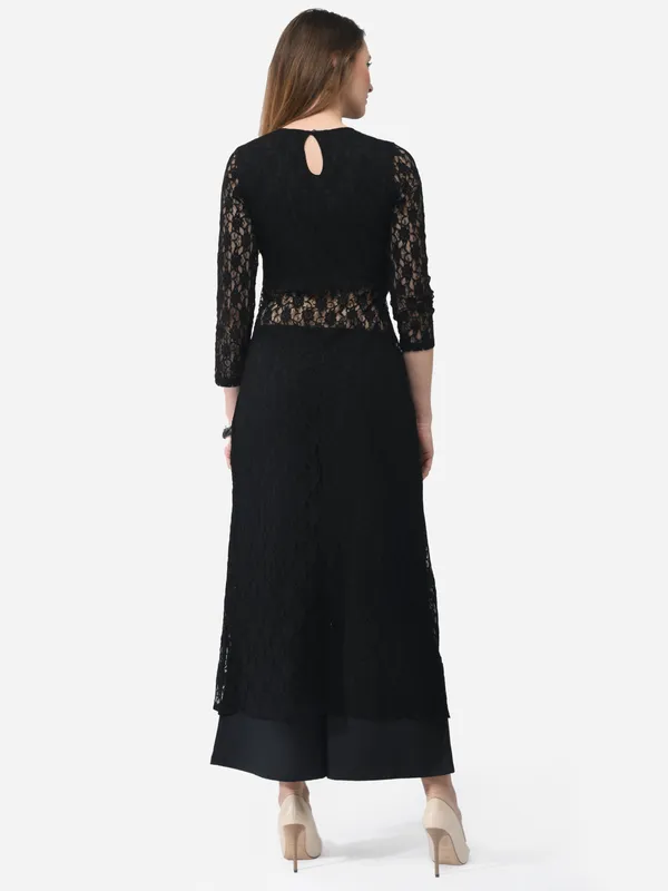 Black_Designer_Lace_Kurta_Having_Front_Slit_Full_Sleeves_With_Palazzo_Fusion_Wear_Set_For_Women