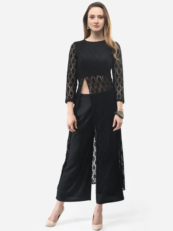 Black_Designer_Lace_Kurta_Having_Front_Slit_Full_Sleeves_With_Palazzo_Fusion_Wear_Set_For_Women