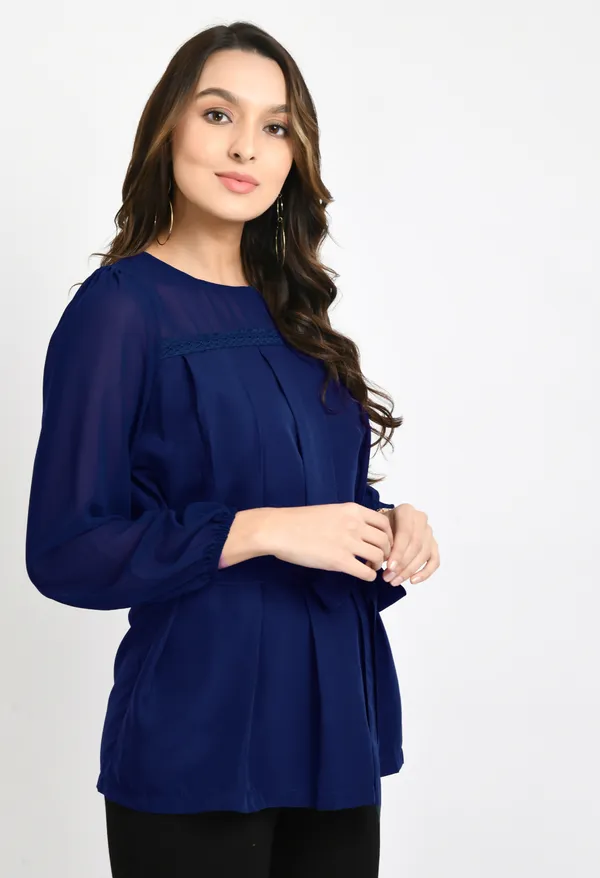 V&M_Teal_Blue_Pleated_waist_Tie-up_Top_For_Women