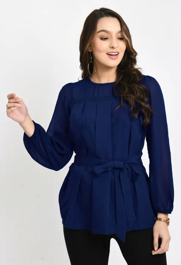 V&M_Teal_Blue_Pleated_waist_Tie-up_Top_For_Women
