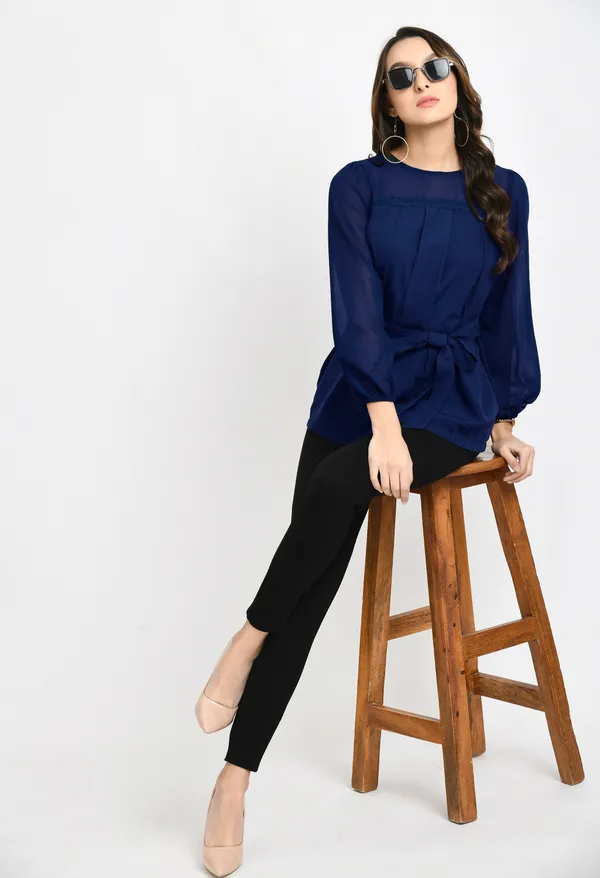 V&M_Teal_Blue_Pleated_waist_Tie-up_Top_For_Women