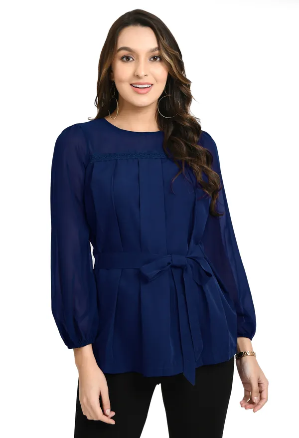 V&M_Teal_Blue_Pleated_waist_Tie-up_Top_For_Women