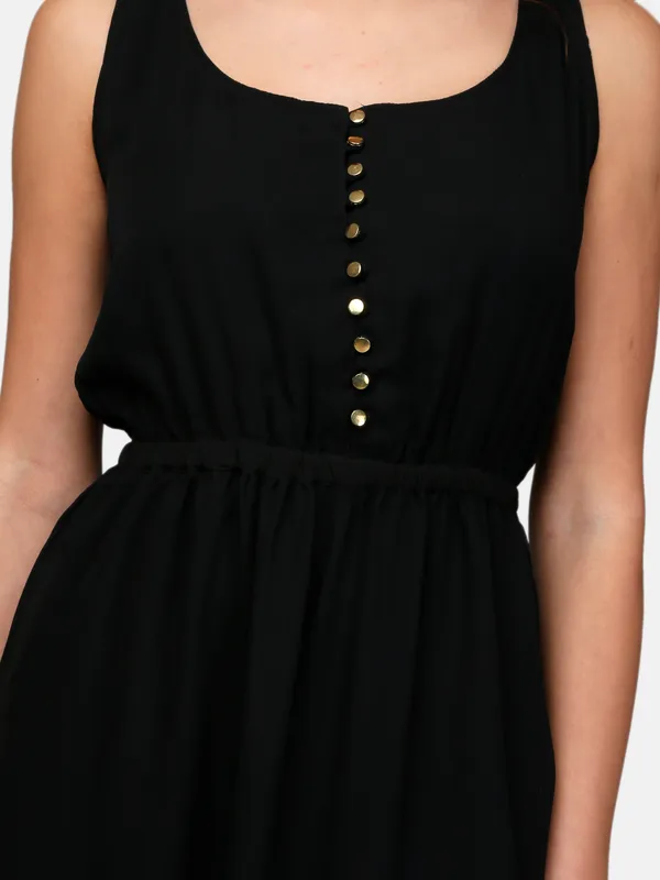 Black_Plain_Scoop_Neck_Front_Open_Elasticated_Waist_Long_Maxi_Dress_Withtwo_Pockets