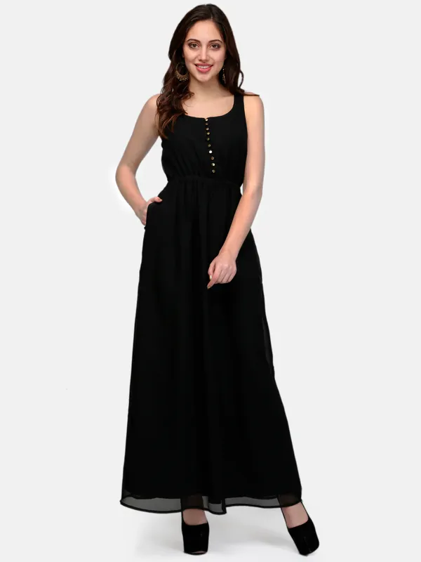 Black_Plain_Scoop_Neck_Front_Open_Elasticated_Waist_Long_Maxi_Dress_Withtwo_Pockets