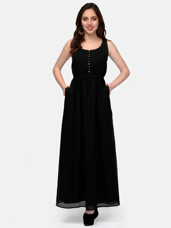 Black_Plain_Scoop_Neck_Front_Open_Elasticated_Waist_Long_Maxi_Dress_Withtwo_Pockets