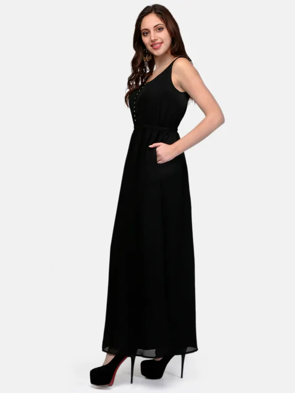 Black_Plain_Scoop_Neck_Front_Open_Elasticated_Waist_Long_Maxi_Dress_Withtwo_Pockets