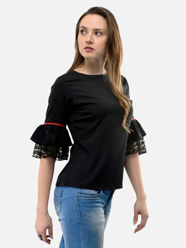 Black_3/4_Frill_Sleeves_Regular_Fit_Top_For_Women