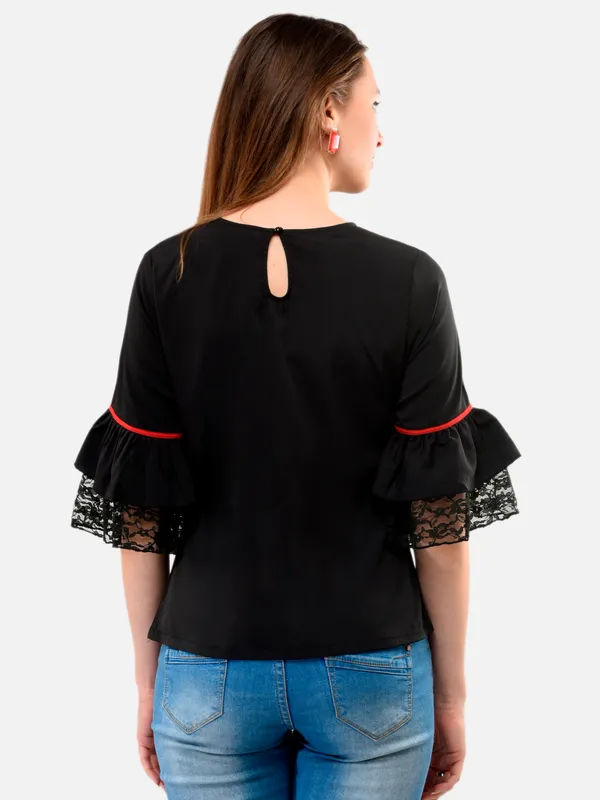 Black_3/4_Frill_Sleeves_Regular_Fit_Top_For_Women