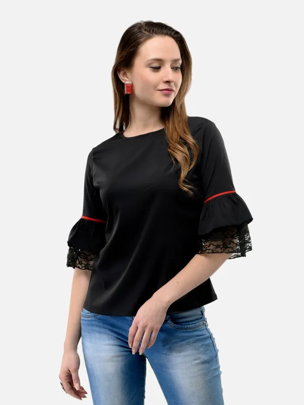 Black_3/4_Frill_Sleeves_Regular_Fit_Top_For_Women
