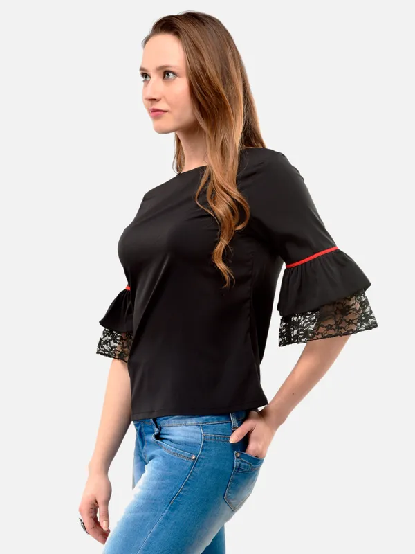 Black_3/4_Frill_Sleeves_Regular_Fit_Top_For_Women