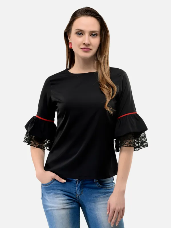 Black_3/4_Frill_Sleeves_Regular_Fit_Top_For_Women