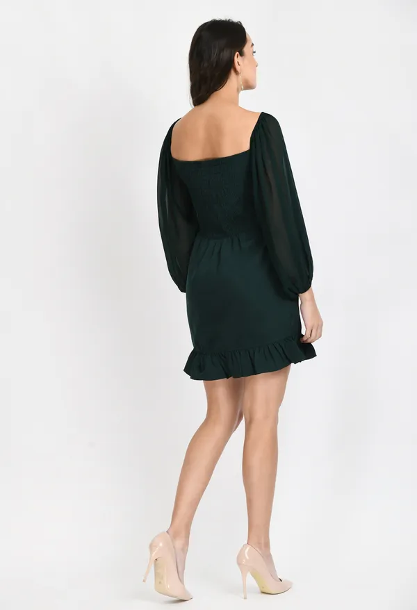 Green_Crepe_Sheath_Puff_Sleeves_Dress